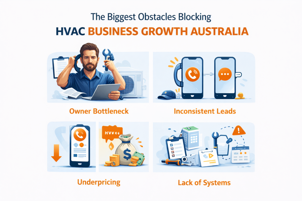 HVAC business growth Australia challenges including owner bottleneck, inconsistent leads, underpricing and lack of systems