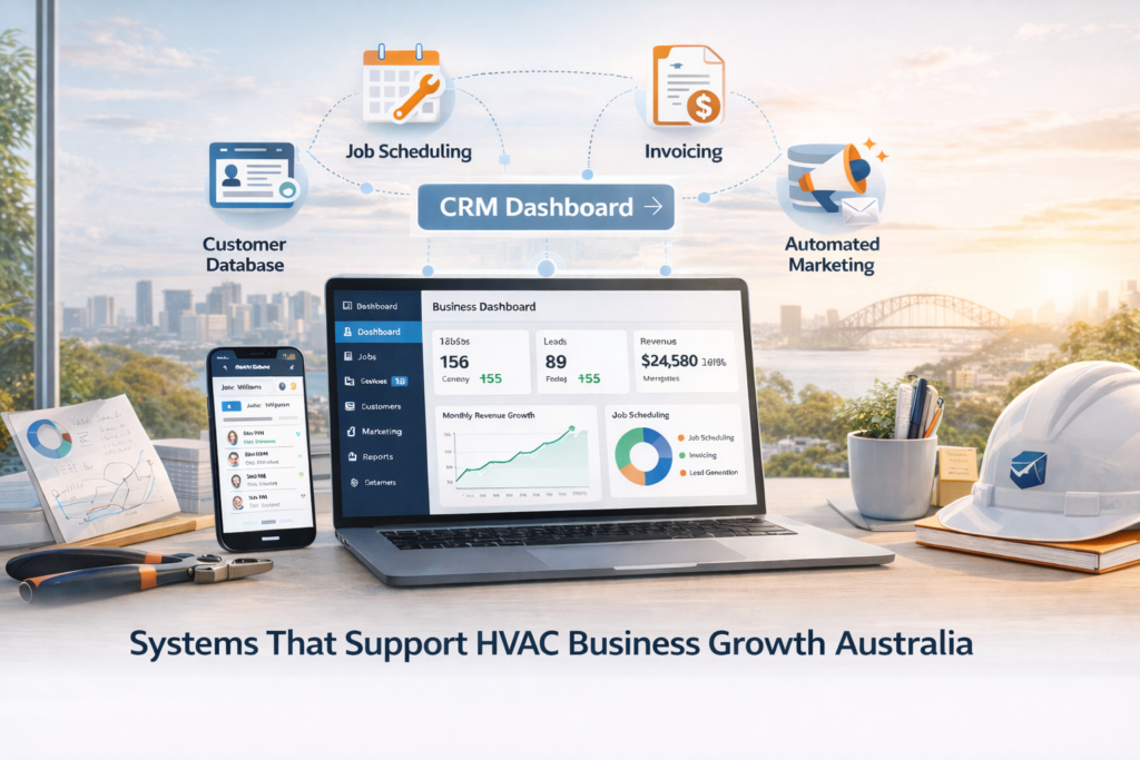 HVAC business systems in Australia showing CRM dashboard, job scheduling, invoicing and automation tools