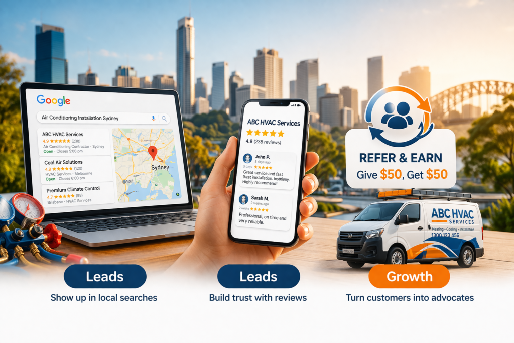 HVAC lead generation strategies in Australia showing local search visibility, customer reviews and referral system