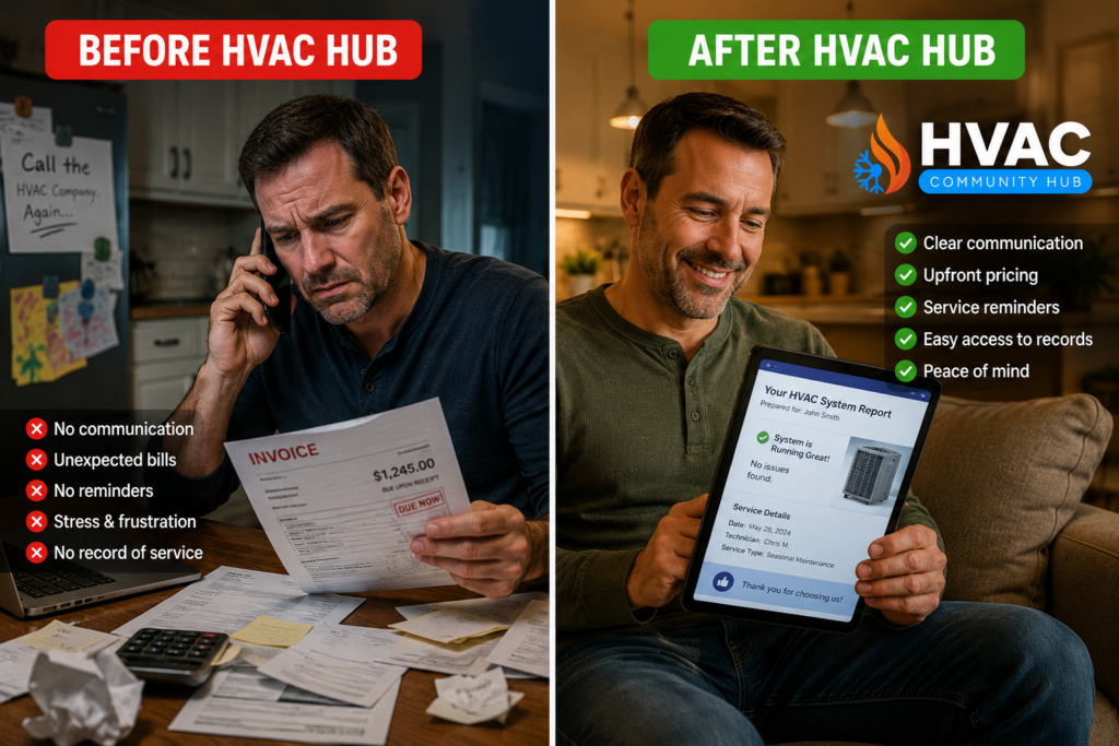 Split-screen HVAC customer experience comparison image showing a stressed homeowner before using HVAC Hub and a relaxed happy homeowner after using HVAC Hub. The left side has cool dark lighting with a frustrated man holding an invoice while talking on the phone at a messy kitchen table under the heading “Before HVAC Hub.” The right side has warm lighting with the same homeowner smiling while viewing a professional HVAC service report on a tablet under the heading “After HVAC Hub,” alongside the HVAC Community Hub logo.
