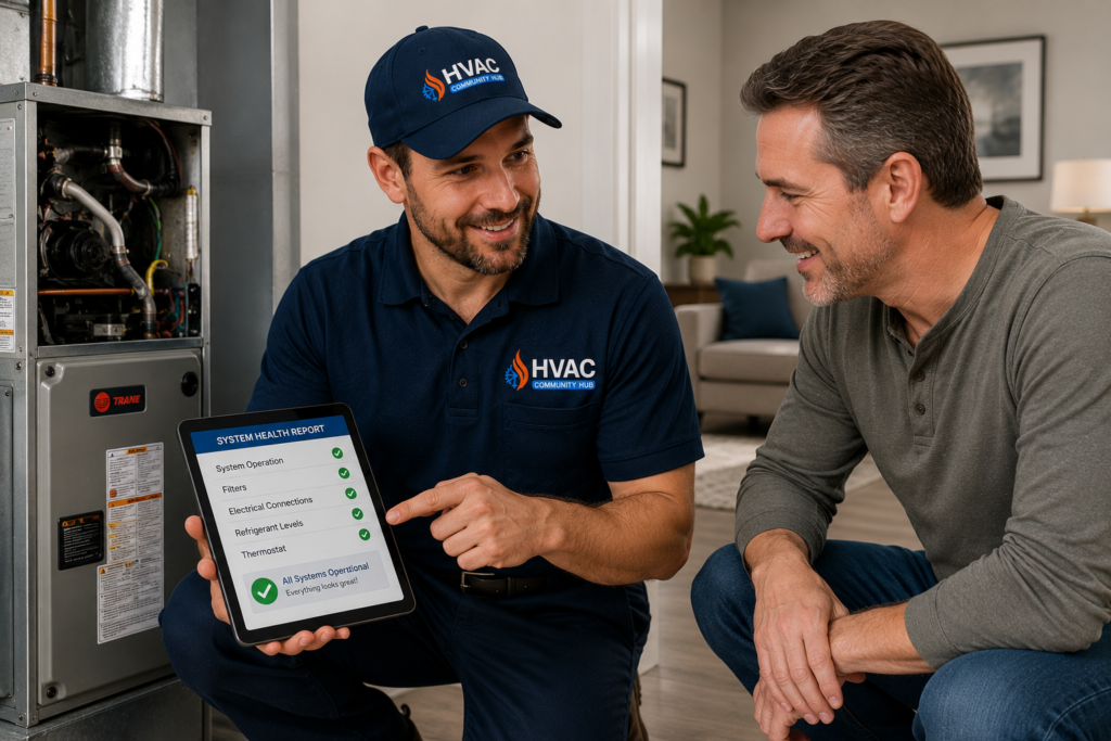 HVAC technician explaining service to homeowner