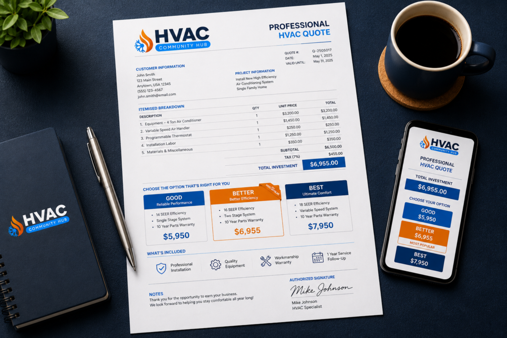 Customer accepting an HVAC quote on a smartphone with confirmation screen visible in a modern living room