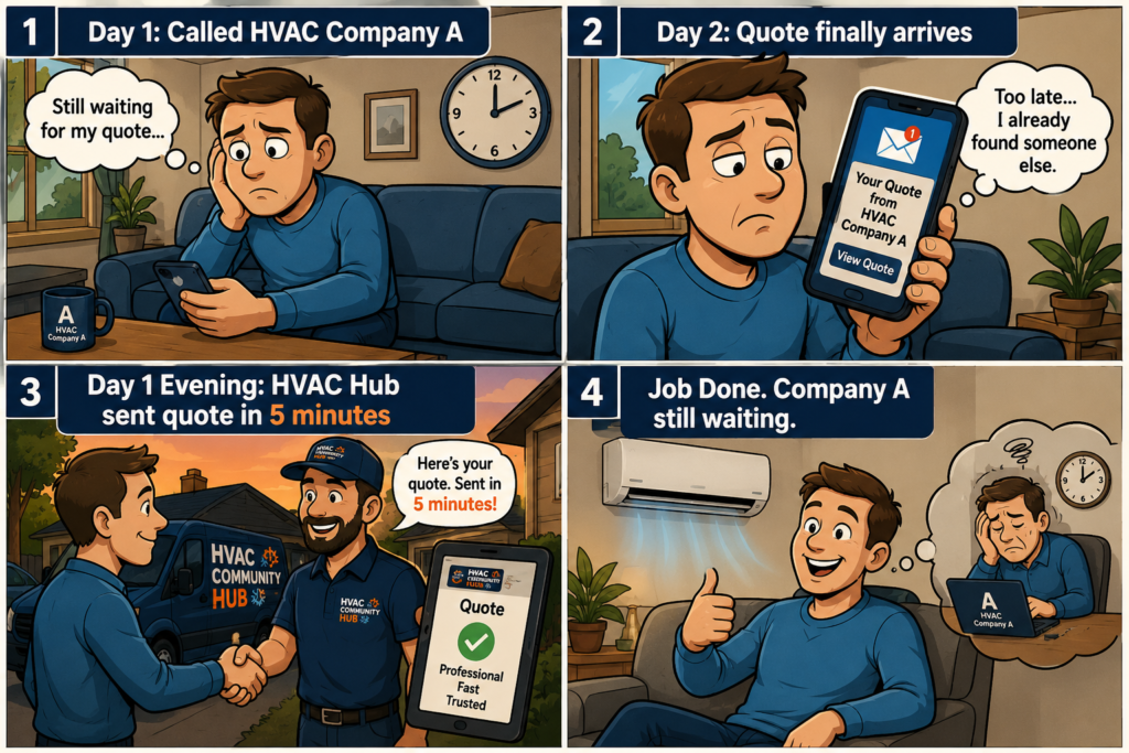 Professional HVAC quote template document with pricing options displayed on a desk beside a smartphone and coffee cup