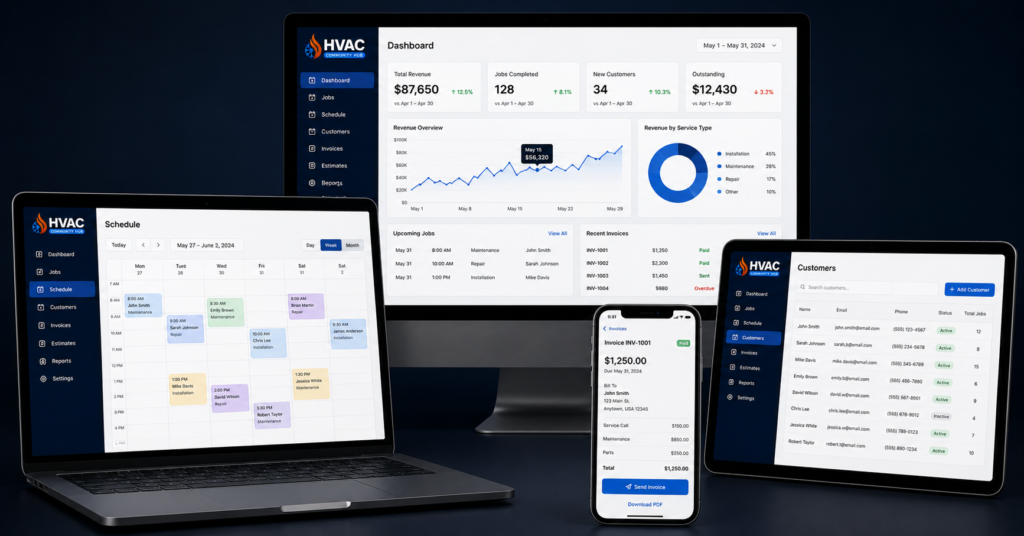 HVAC software dashboards displayed on laptop, tablet, smartphone, and desktop monitor