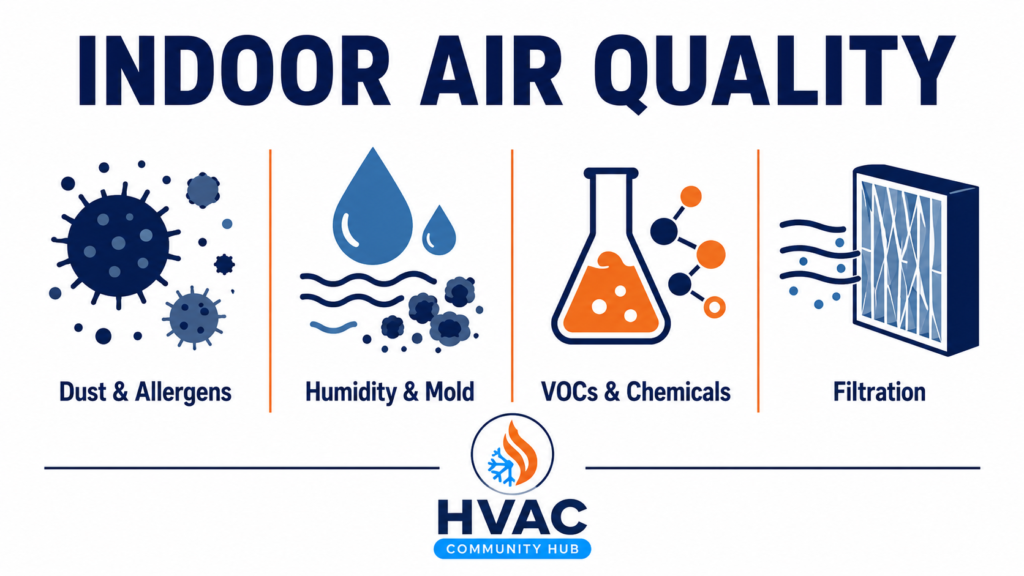 Flat infographic illustrating four key indoor air quality factors: dust and allergens, humidity and mold, VOCs and chemicals, and air filtration.