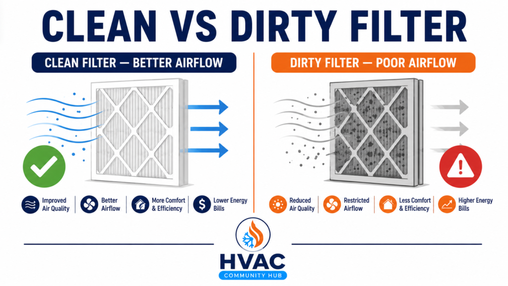 Clean vs dirty HVAC filter comparison showing airflow and indoor air quality differences.