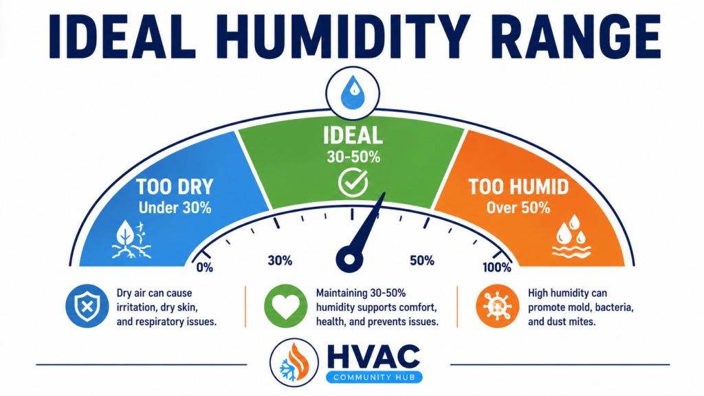 Indoor humidity range infographic showing the ideal 30%–50% humidity level for healthy indoor air quality.