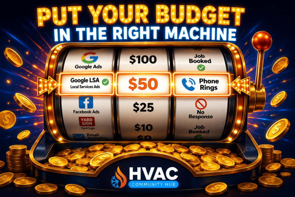 Slot machine style infographic showing HVAC advertising budget allocation with marketing channels, ad spend amounts, and lead generation outcomes such as phone calls and booked jobs.