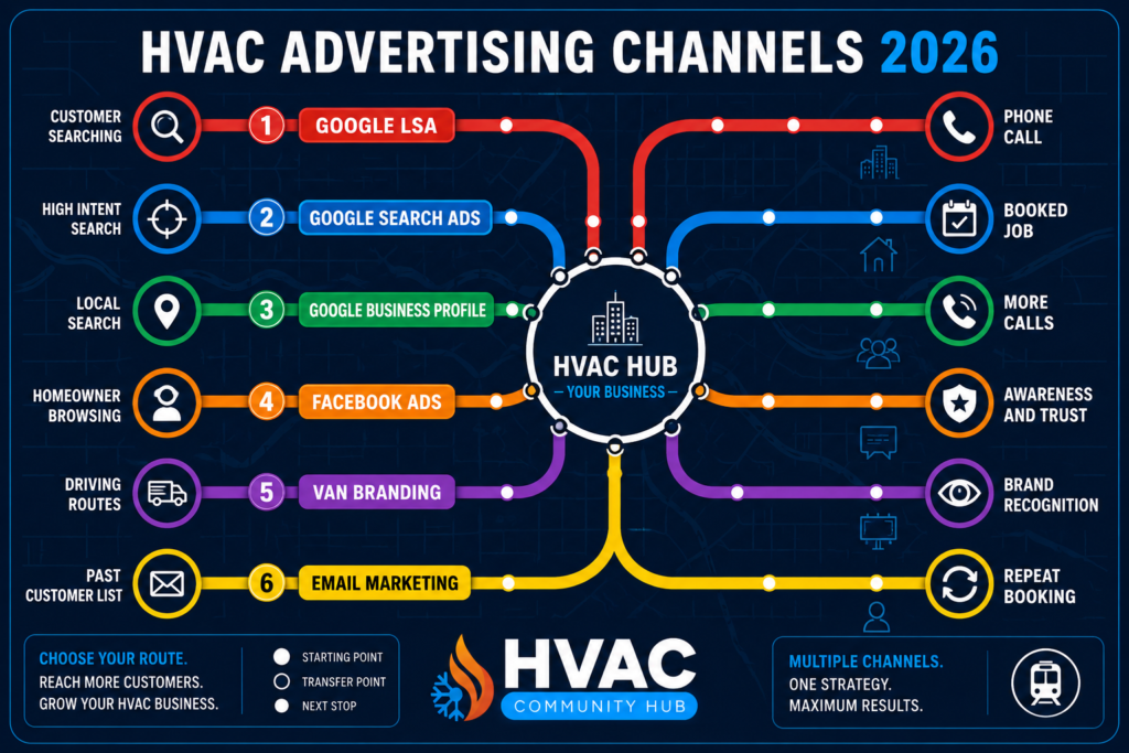 Subway map style infographic comparing HVAC advertising channels including Google LSA, Google Search Ads, Google Business Profile, Facebook Ads, van branding, and email marketing, all connecting to an HVAC business growth hub.