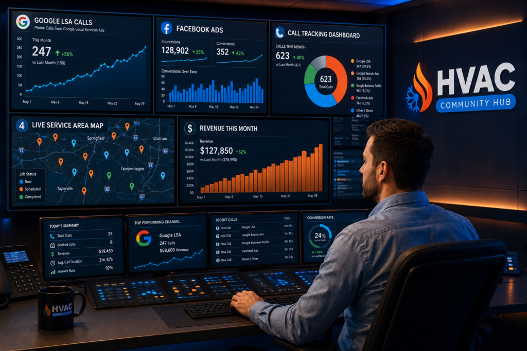 HVAC business owner reviewing a control room advertising dashboard displaying Google LSA calls, Facebook ad performance, call tracking metrics, service area maps, and monthly revenue analytics.