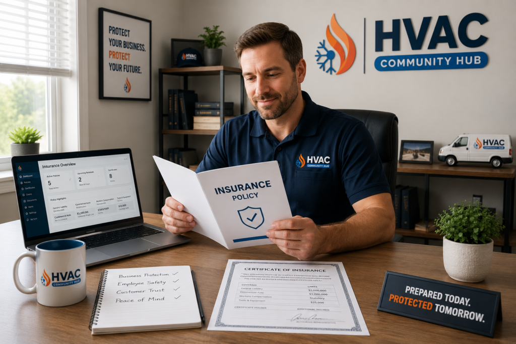 HVAC business owner reviewing insurance documents in a modern office with an insurance dashboard, certificate of insurance, and business protection materials visible on the desk.