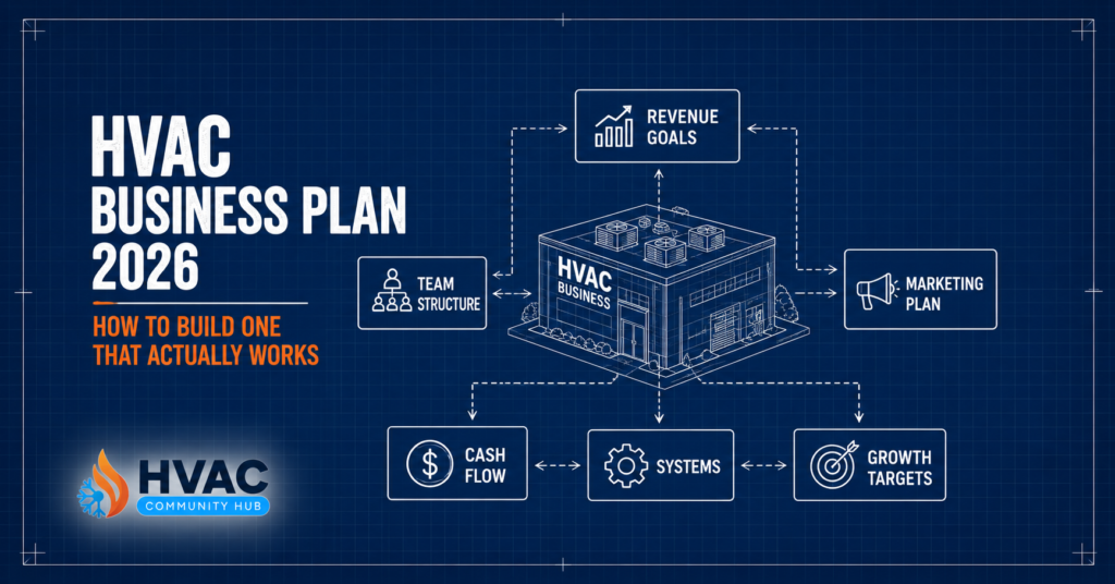 Blueprint-style HVAC business plan graphic showing connected business components including revenue goals, team structure, marketing plan, cash flow, systems, and growth targets.
