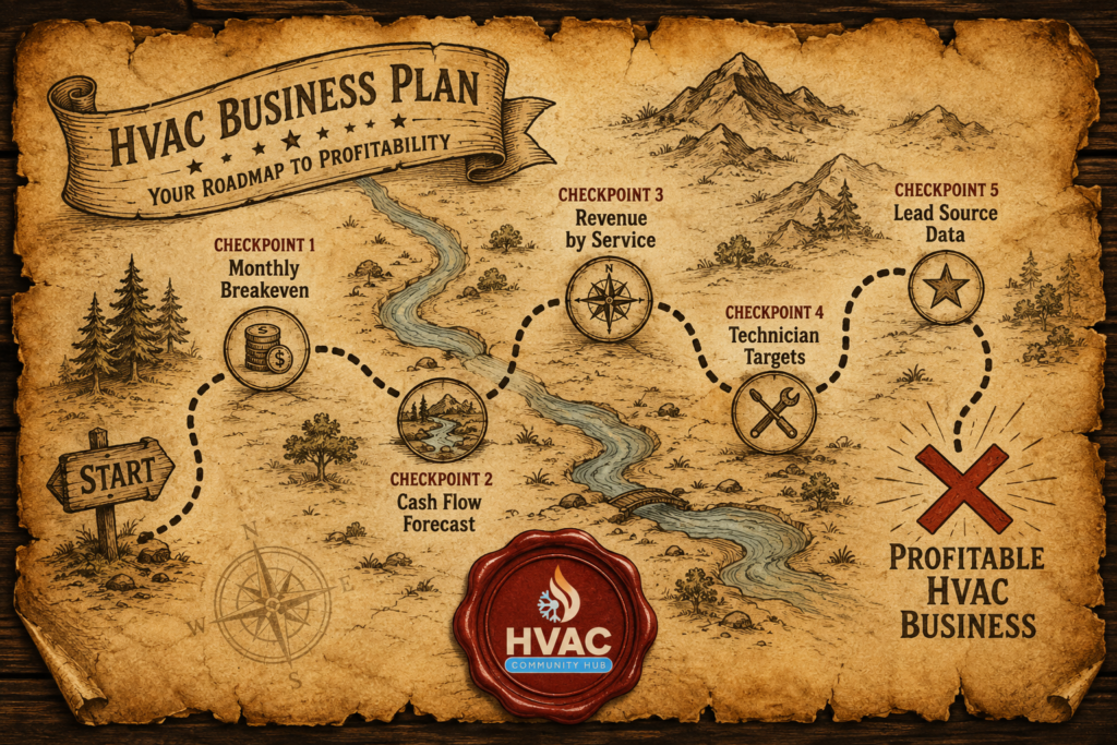 Vintage treasure map infographic showing the journey to a profitable HVAC business through key financial checkpoints including monthly breakeven, cash flow forecasting, revenue by service, technician targets, and lead source data.