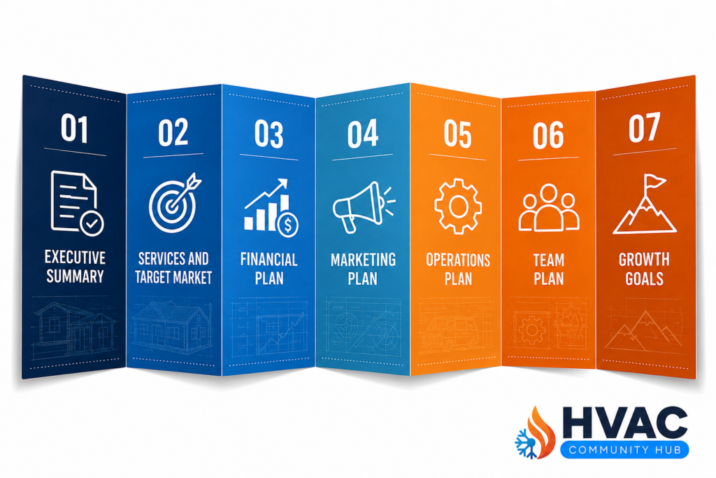 Accordion-style infographic displaying the seven essential sections of an HVAC business plan: executive summary, services and target market, financial plan, marketing plan, operations plan, team plan, and growth goals.