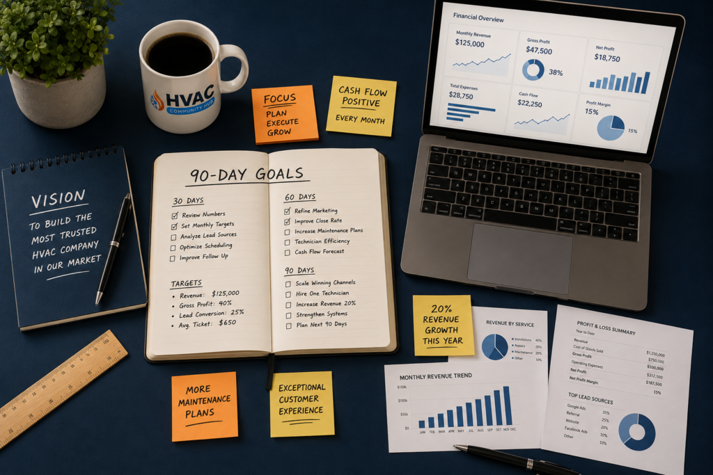 Overhead view of an HVAC business planning workspace featuring a 90-day goals notebook, financial dashboard on a laptop, business reports, sticky notes, and planning tools arranged on a conference table.