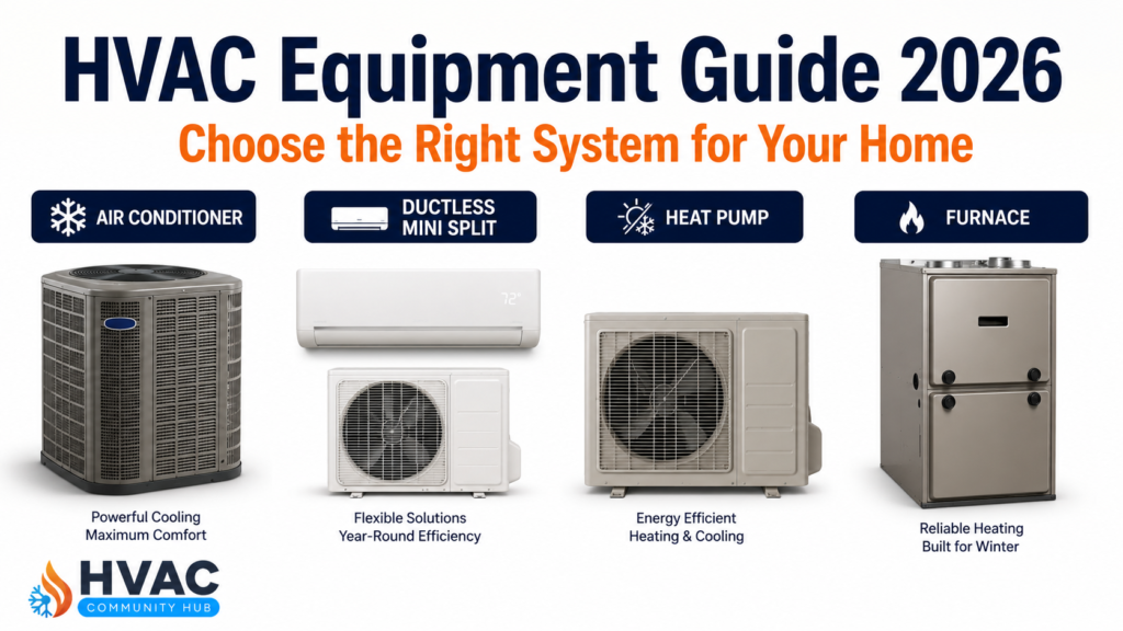 HVAC equipment comparison featuring a central air conditioner, ductless mini split, heat pump, and furnace with guidance on choosing the right home comfort system.
