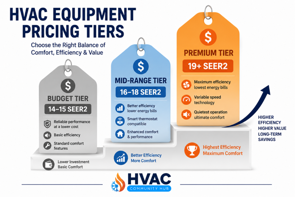HVAC equipment pricing comparison showing budget, mid-range, and premium system tiers with SEER2 ratings, efficiency levels, and key features.