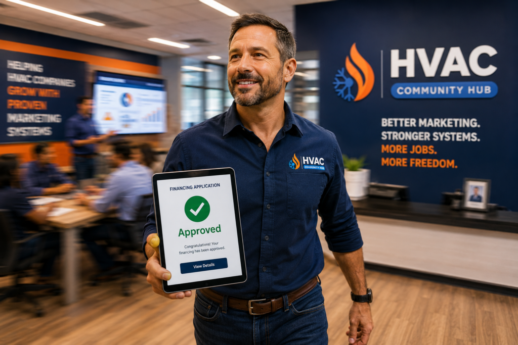 HVAC business owner holding a tablet displaying an approved financing application while walking through a modern office, demonstrating successful customer financing and business growth.