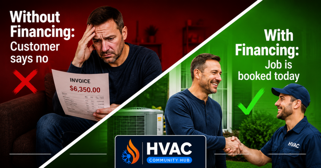 Split-screen HVAC financing graphic showing a homeowner rejecting a repair quote without financing and approving the job with financing options available.