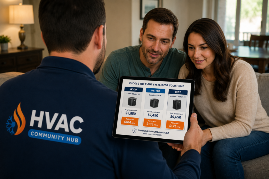 HVAC technician presenting financing options on a tablet to a homeowner couple, showing Good Better Best system choices with monthly payment plans.