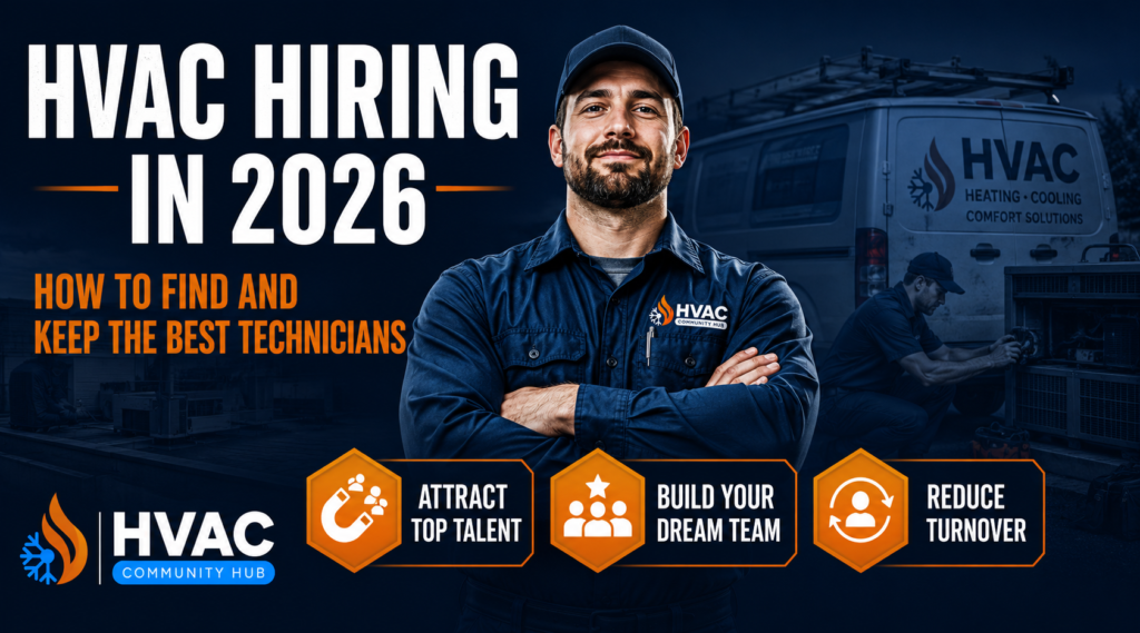 HVAC technician shortage job market infographic showing hiring demand, job growth, technician replacement costs, and employee retention statistics for 2026.