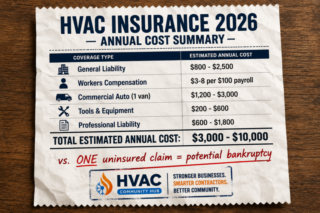 Receipt-style infographic showing annual HVAC insurance costs for general liability, workers compensation, commercial auto, tools and equipment coverage, professional liability, and total estimated insurance expenses.