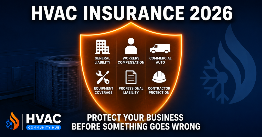 HVAC insurance shield graphic showing general liability, workers compensation, commercial auto, equipment coverage, professional liability, and contractor protection insurance types.