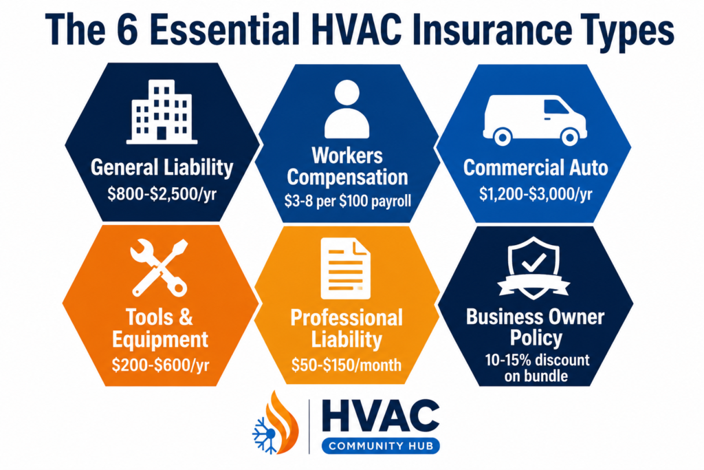 Infographic showing six essential HVAC insurance types including general liability, workers compensation, commercial auto, tools and equipment coverage, professional liability, and business owner policy coverage.