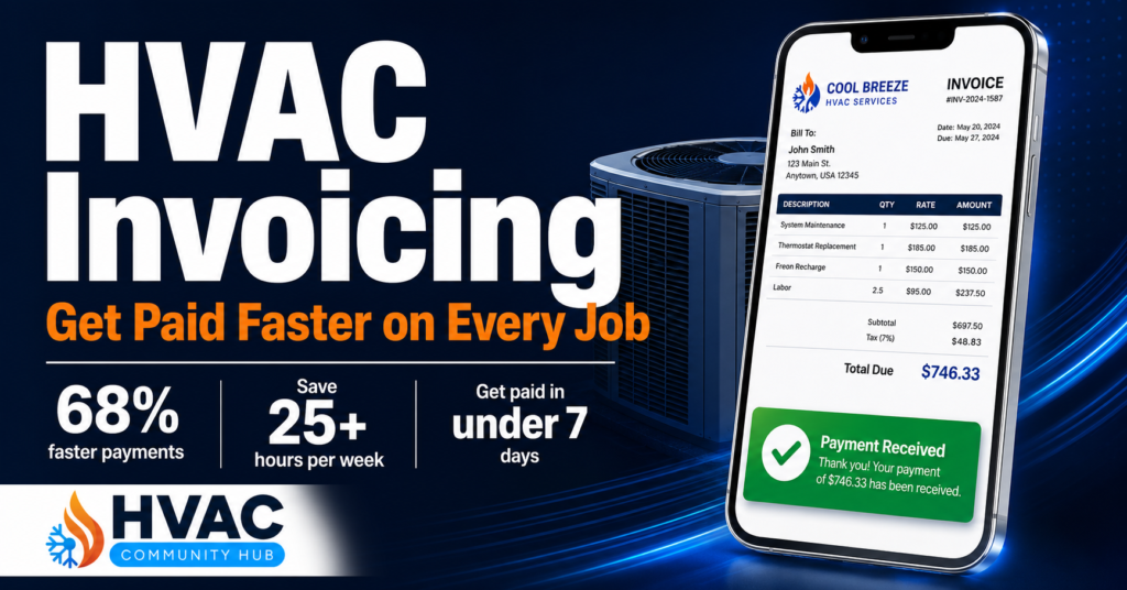HVAC invoicing featured image showing a smartphone with a paid HVAC invoice and payment received notification alongside statistics about faster payments and improved cash flow.