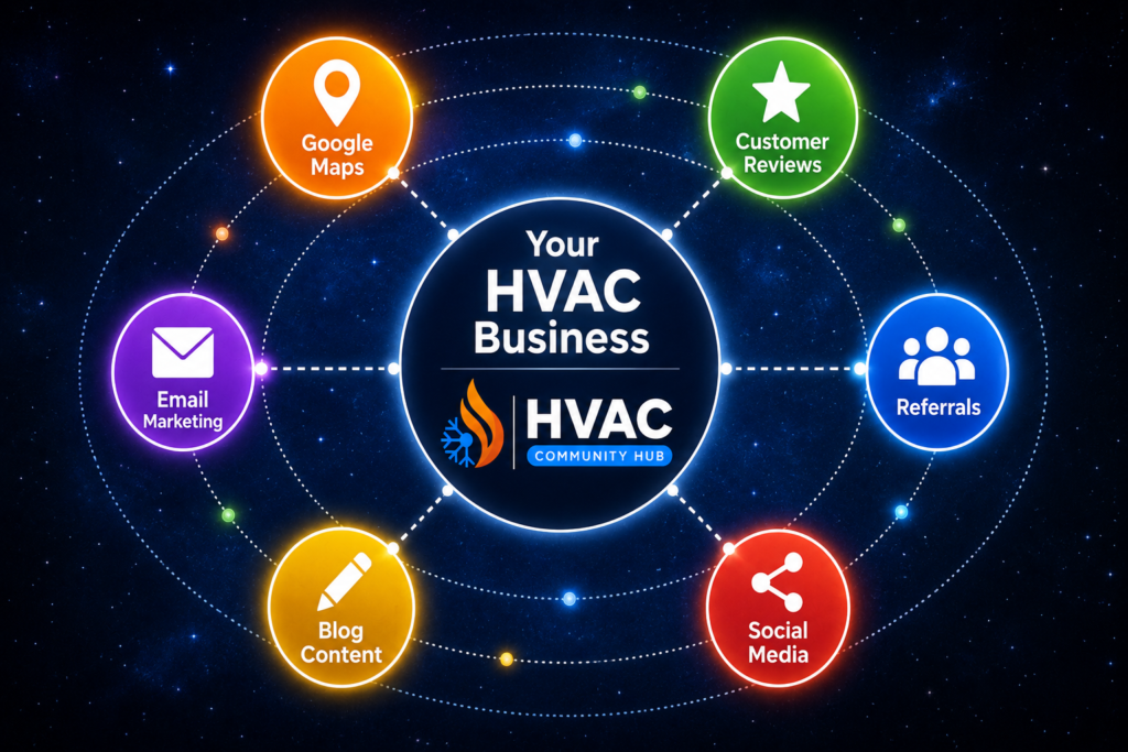 Orbit-style HVAC marketing diagram showing Google Maps, customer reviews, referrals, email marketing, blog content, and social media channels surrounding an HVAC business.