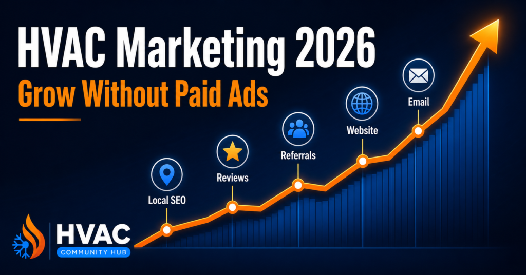 HVAC marketing growth chart showing Local SEO, reviews, referrals, website optimization, and email marketing strategies driving business growth without paid advertising.