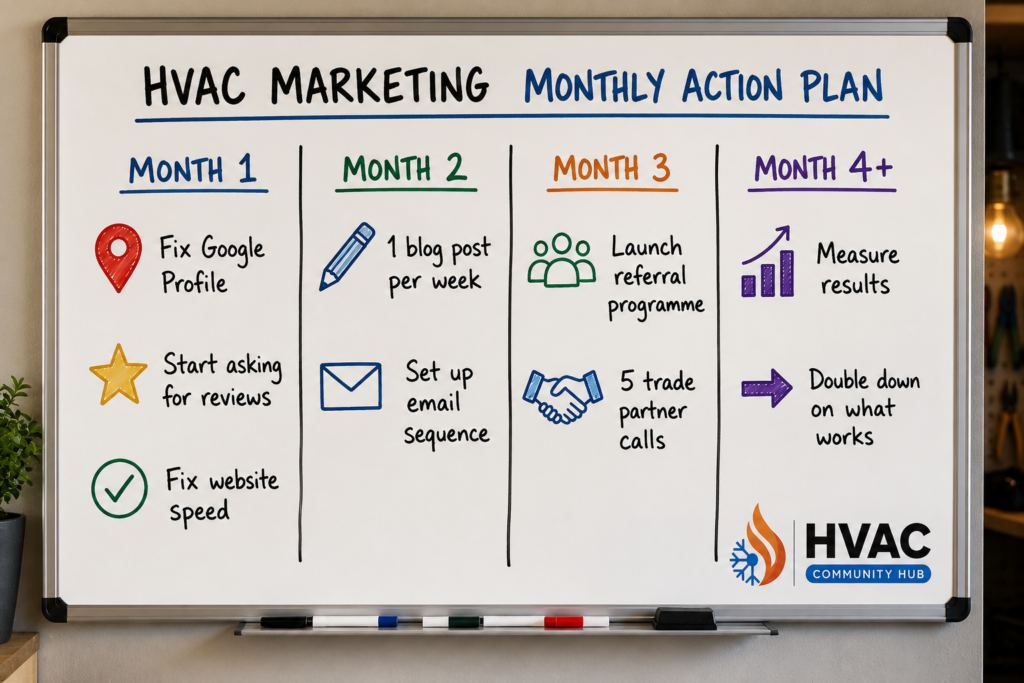 Whiteboard-style HVAC marketing action plan showing monthly tasks including Google Business Profile optimization, review generation, blogging, email marketing, referral programs, and performance tracking.