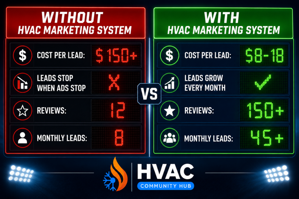 Before-and-after scoreboard comparing HVAC marketing results, showing lower lead costs, more reviews, and higher monthly lead generation with a marketing system in place.