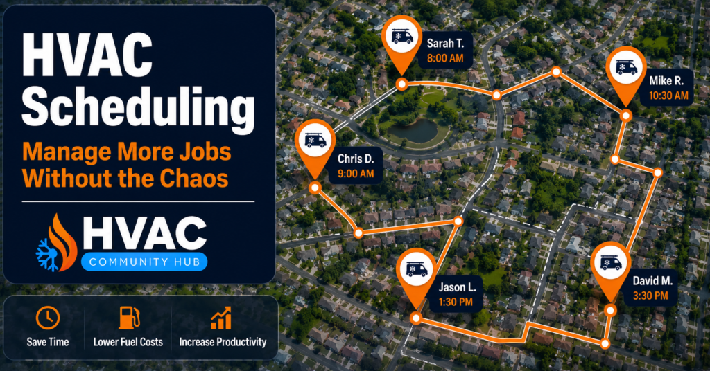 HVAC scheduling system showing technician routes and scheduled service locations on a neighborhood map.