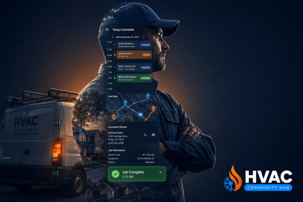 HVAC technician using a mobile scheduling app with job calendar, route mapping, customer details, and job completion updates displayed within a professional double-exposure design.