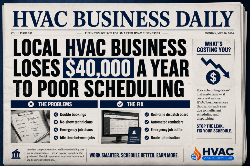 HVAC scheduling problems and solutions infographic showing common dispatching challenges and ways to improve scheduling efficiency.