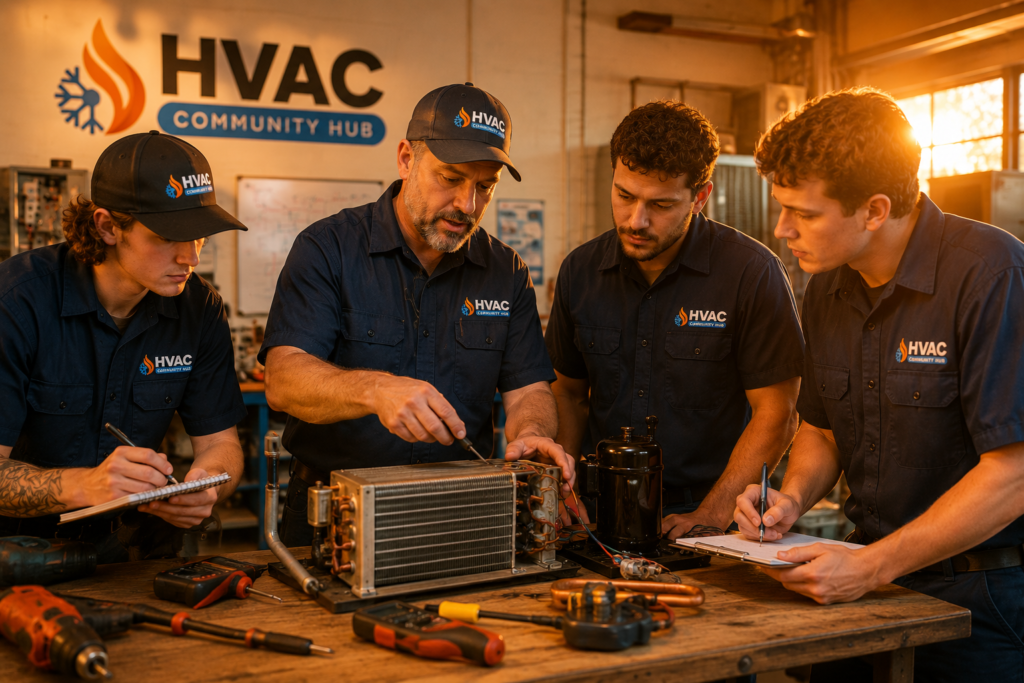 Senior HVAC technician demonstrating equipment diagnostics to team members during a hands-on training session in a workshop while technicians take notes and learn practical skills.