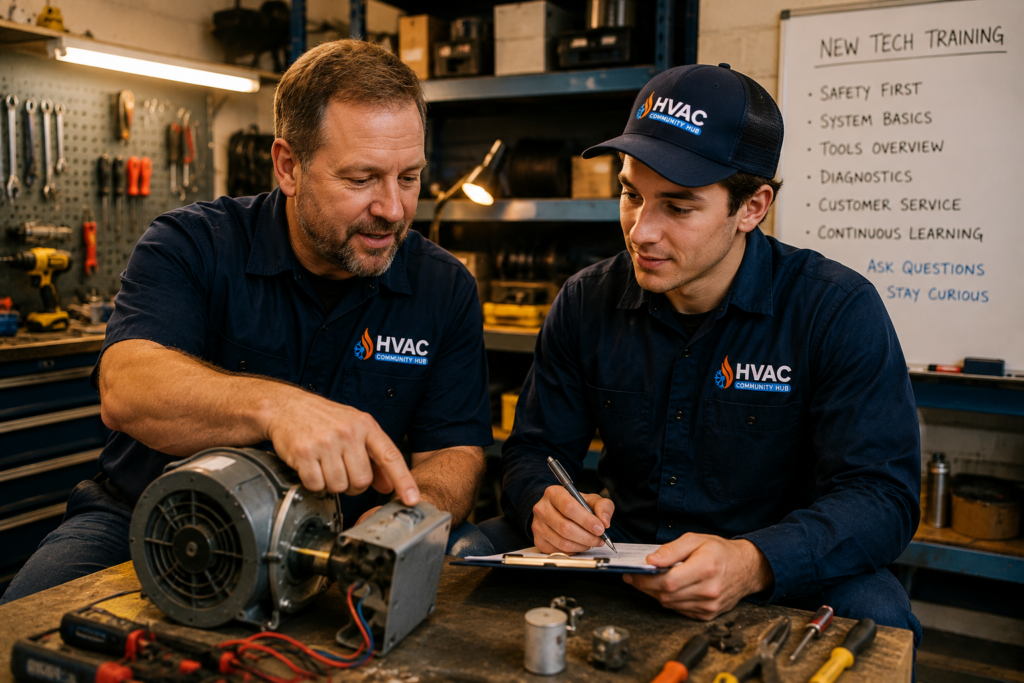 Senior HVAC technician training a new technician in a workshop by explaining equipment components while the trainee takes notes on a clipboard.
