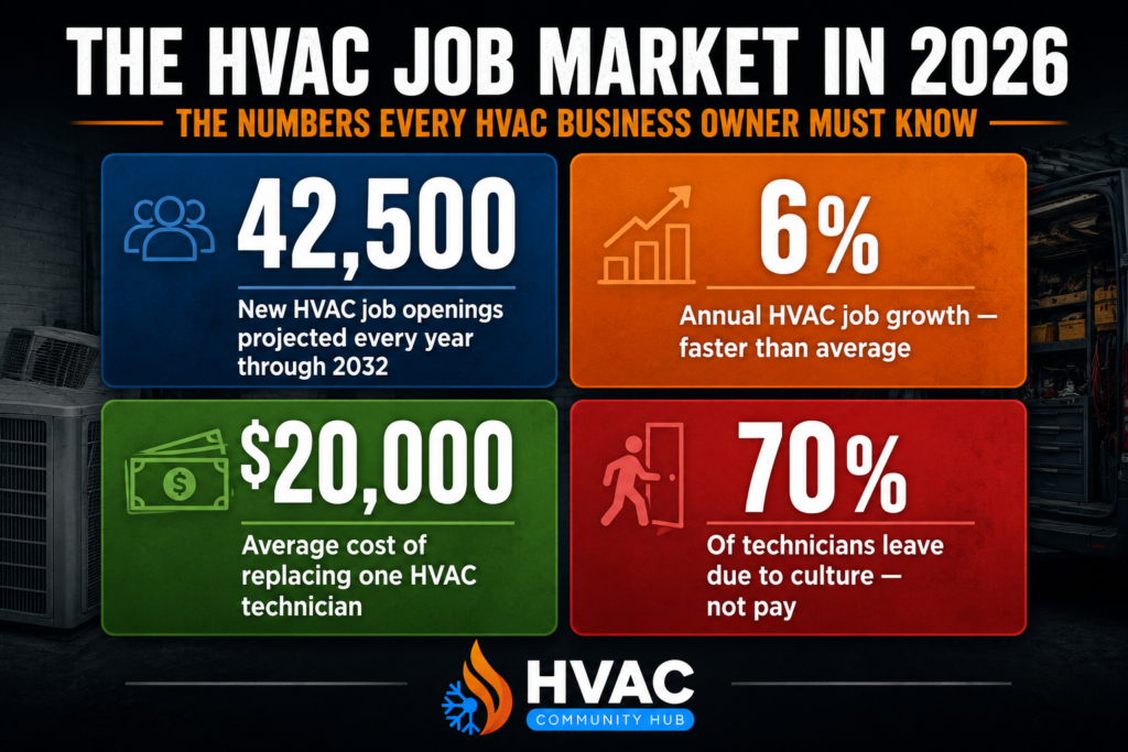HVAC technician shortage statistics infographic showing projected job openings, industry growth, technician replacement costs, and employee retention trends in 2026.