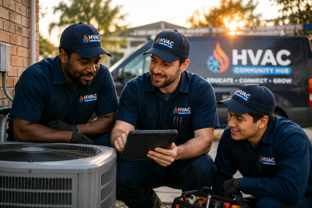 Three HVAC technicians reviewing information on a tablet while working together around an outdoor HVAC unit at a customer job site.