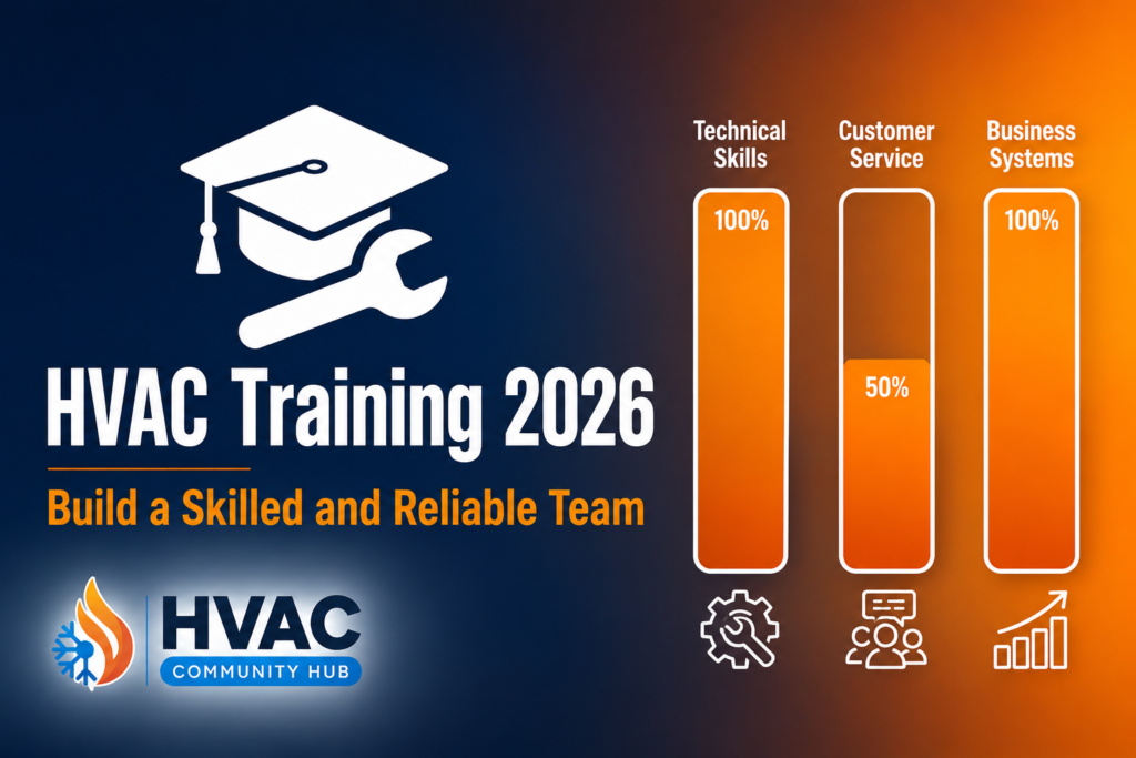 HVAC training featured image showing a graduation cap and wrench icon alongside progress bars representing technical skills, customer service, and business systems development.