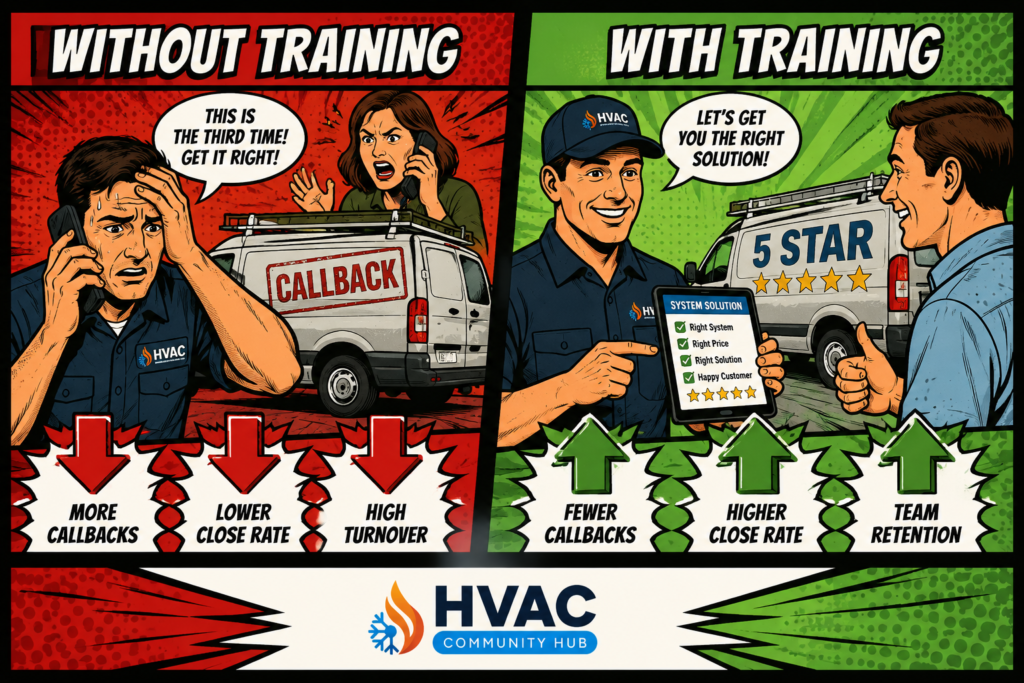 Comic-style comparison showing HVAC business results with and without technician training, highlighting callbacks, close rates, customer satisfaction, and employee retention.