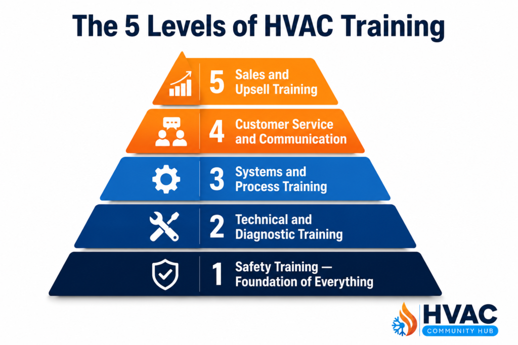 Pyramid infographic showing the five levels of HVAC training, including safety training, technical and diagnostic training, systems and process training, customer service and communication, and sales and upsell training.
