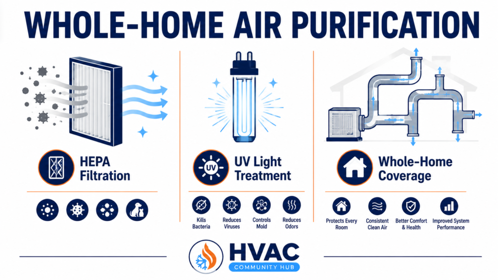 Whole-home air purification infographic featuring HEPA filtration, UV light treatment, and whole-home coverage.