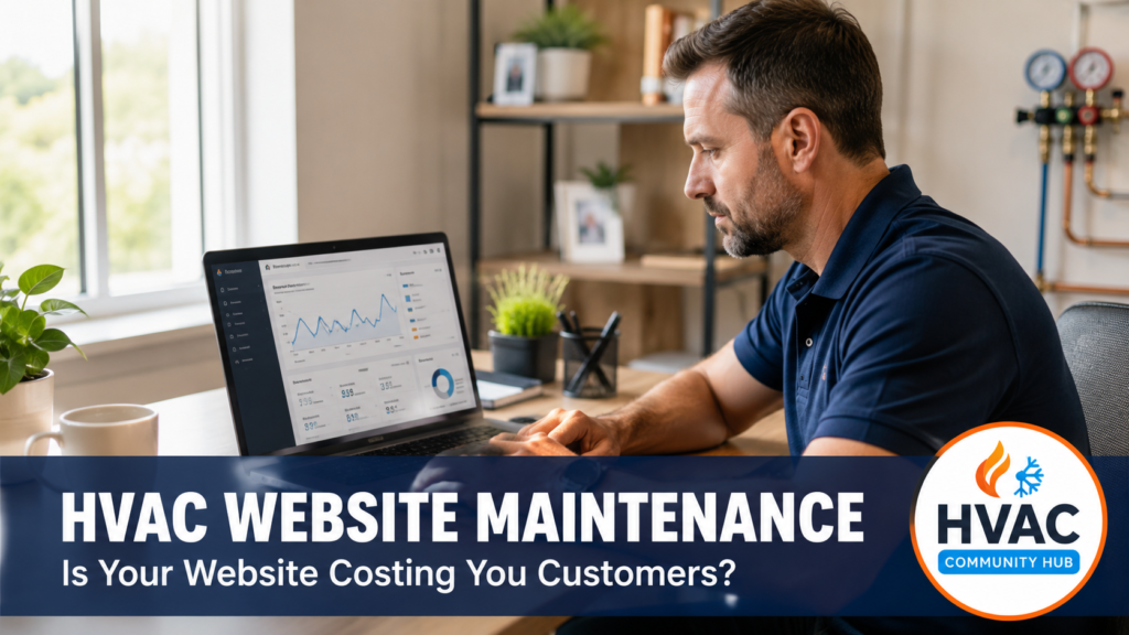 HVAC business owner checking website maintenance on a laptop