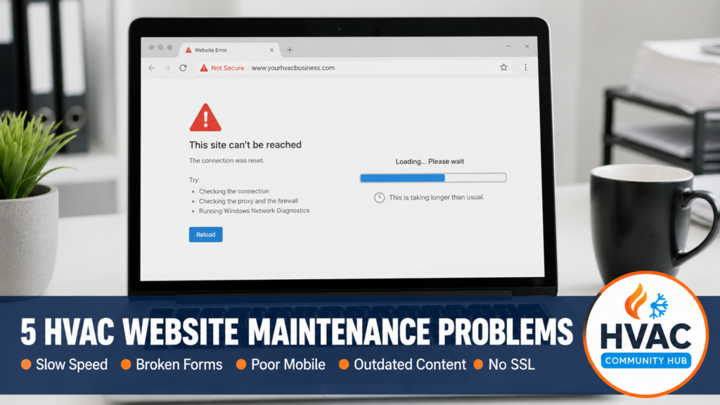 Five common HVAC website maintenance problems including slow speed, broken forms, poor mobile experience, outdated content, and missing SSL certificate.