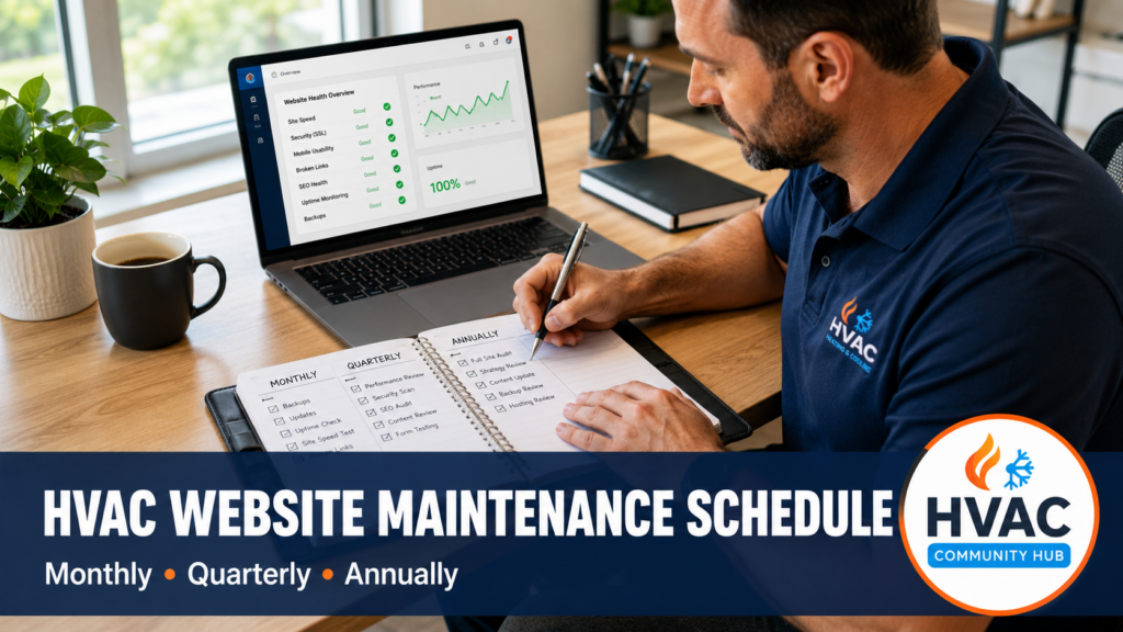 HVAC business owner planning a website maintenance schedule with monthly, quarterly, and annual website maintenance tasks on a laptop and planner.