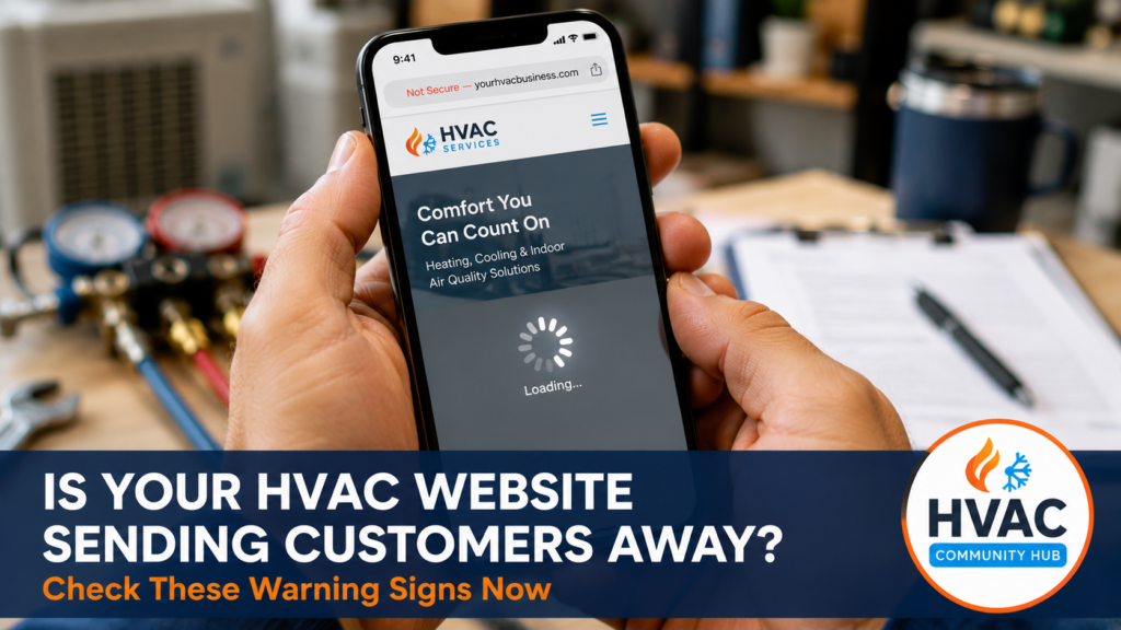 HVAC website warning signs displayed on a smartphone showing a "Not Secure" alert and slow-loading website, indicating urgent website maintenance issues that can drive customers away.
