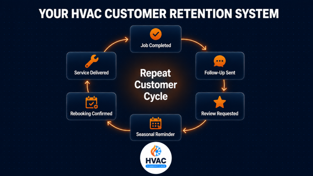 HVAC customer retention system showing automated touchpoints and repeat booking flow