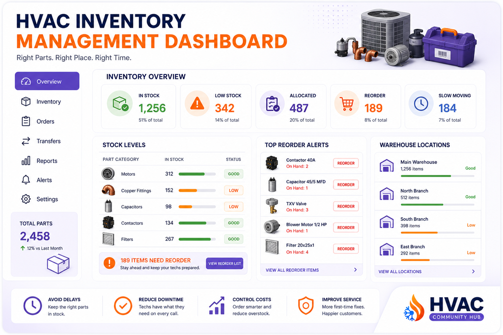 HVAC inventory management dashboard showing stock levels and reorder alerts
